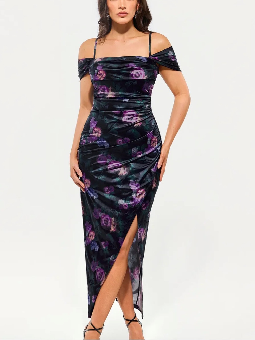 Built in Shapewear Off Shoulder Shine Ruched Sculpting Maxi Dress floral print
